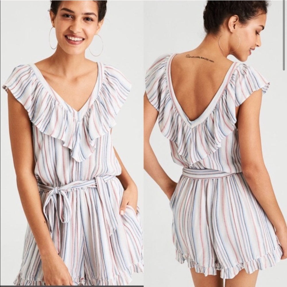 American Eagle Double V Striped Ruffle Romper